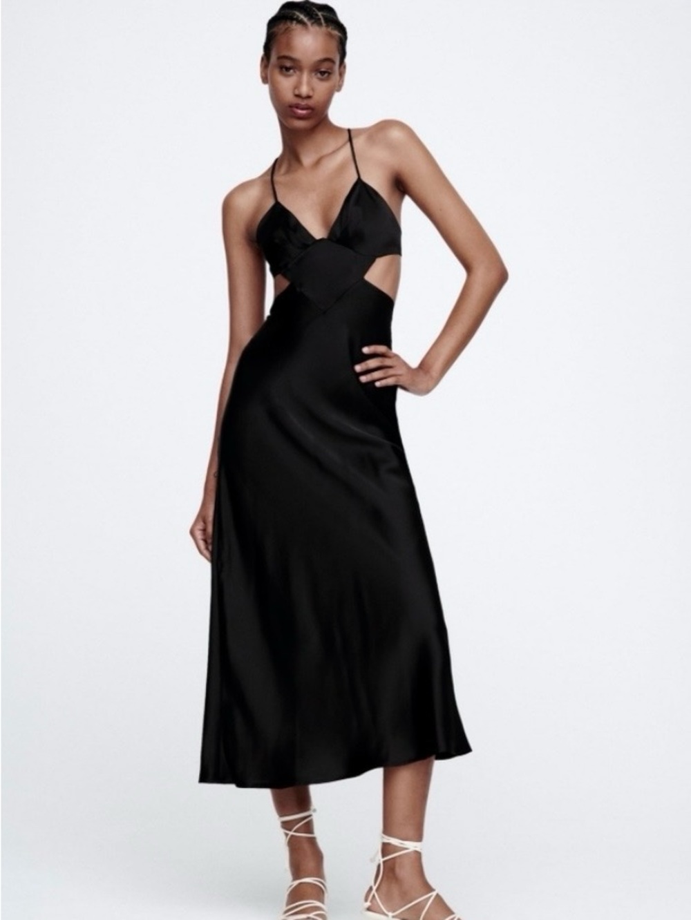 ZARA Satin effect cut out strapping Black dress Sz M